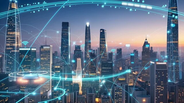 Modern urban skyline at twilight integrated with glowing network paths to illustrate future smart city infrastructure trends.