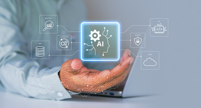 AI integration system connecting data, cloud, automation, API, and analytics through a central AI core, futuristic glowing circuit lines, Holographic UI overlay for business and technology solutions