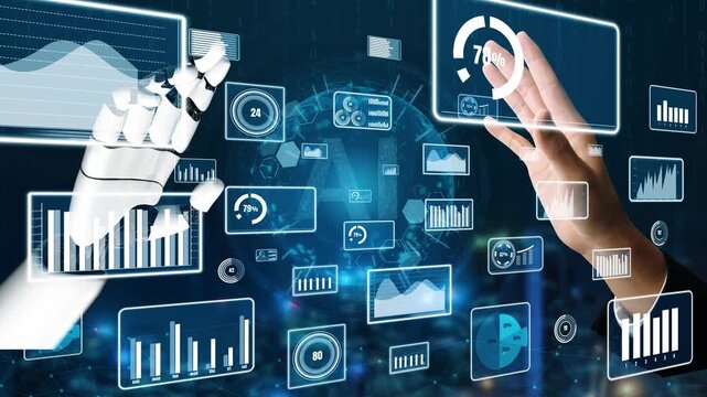 Captivating interaction between a human hand and a robotic hand amidst a vibrant display of digital graphs and data visualizations, representing technology and innovation. Xenic
