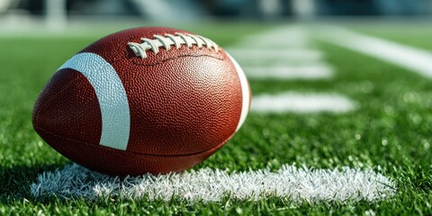 Obraz premium A close-up shot of a football on a grassy field with white yard lines