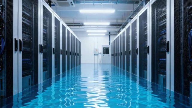 Flooded server room, data center submerged in water, computer hardware failure, disaster scene.