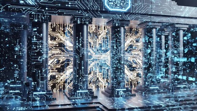 Futuristic digital building facade with glowing circuits and code streams