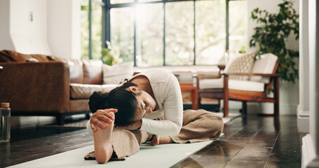 Fototapeta premium Woman, fitness and stretching in living room with yoga preparation, wellness and holistic health. Active, mature person and warm up in home with exercise start, begin and getting ready for pilates.