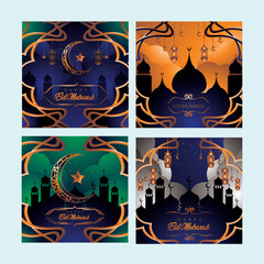 Four eid mubarak islamic greeting card designs with ornate details