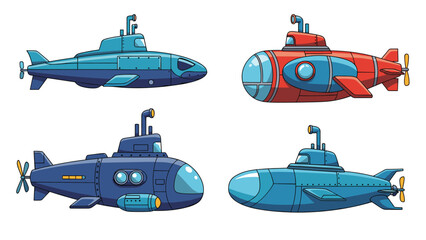 Fototapeta premium Set of four different submarines in blue and red colors featuring various designs for underwater exploration fun.