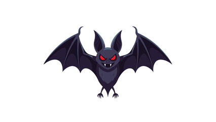 Spooky cartoon bat with wide wings, sharp fangs, and glowing red eyes flying against a plain white background for Halloween themes.