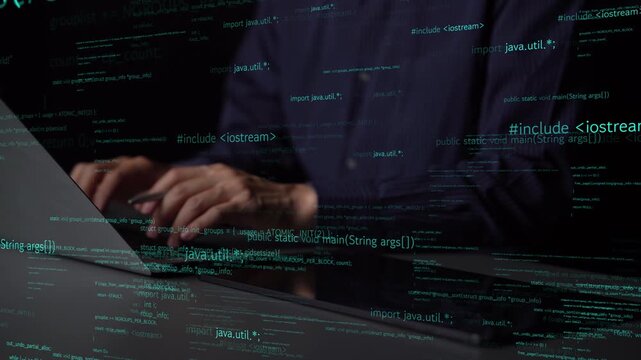 A programmer engages in coding on a laptop, surrounded by abstract digital elements and glowing syntax of programming languages, illustrating technology and innovation. Xenic