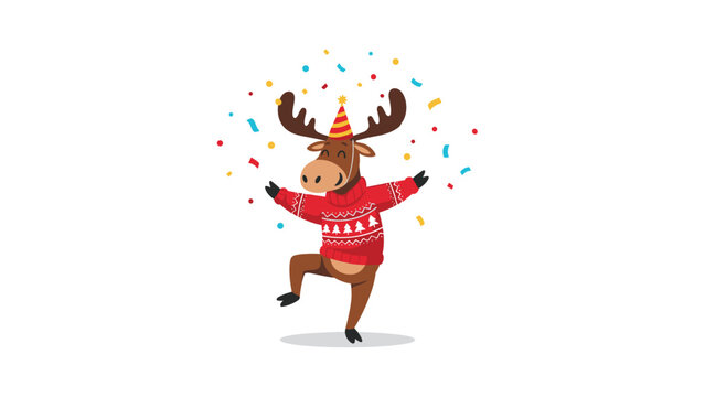 Joyful cartoon moose wearing a festive red Christmas sweater and party hat dancing under colorful falling confetti on a white background.