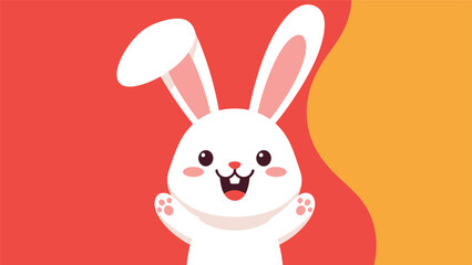 Obraz premium Happy white rabbit character with large ears peeks out with a big smile against a vibrant red and orange wavy background for easter.