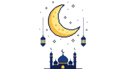 Pixel Art Ramadan Lanterns and Crescent Moon above a Mosque, a digital illustration celebrating the holy month