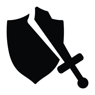 Black and white representation of a sword impaling a shield with damage