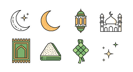 Islamic icons for Ramadan and Eid celebrations, featuring crescent moon, mosque, lantern, prayer mat, ketupat, and stars