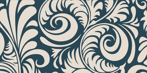 Elegant Floral Swirls Pattern in Blue and Cream.