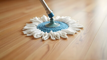 Close-up of Microfiber Spin Mop Cleaning Polished Hardwood Floors