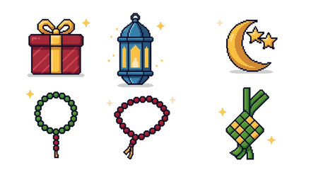 Collection of Islamic icons for Ramadan and Eid celebrations, including gift box, lantern, moon, prayer beads, and ketupat