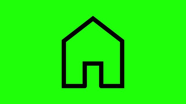 Home icon animation on green screen, minimalist black outline house symbol for homepage and main menu chroma key video asset