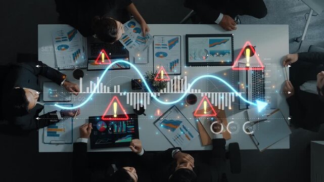 Aerial view of a business meeting with professionals analyzing digital data. Warning signals overlay the scene, emphasizing risk management and strategic discussions. Raster