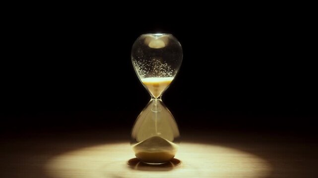 Close-up photograph of golden glittering sand leaking out of an hourglass.