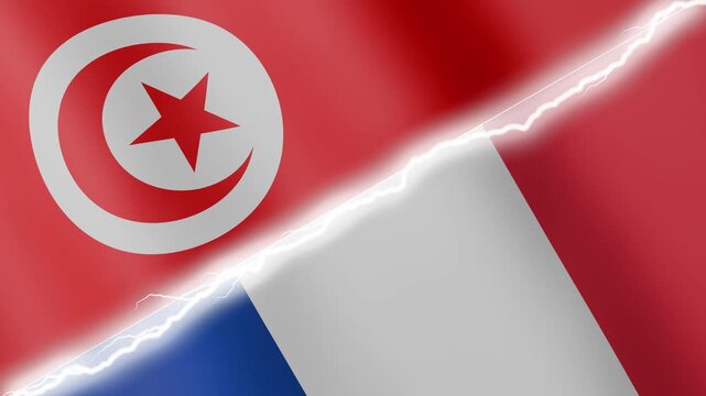 Two waving flags Tunisia and France with diagonal lightning seamless, 4k loop