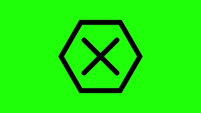 Close or cancel icon animation on green screen, black "X" symbol inside a hexagon frame for chroma key compositing, minimalist UI video asset