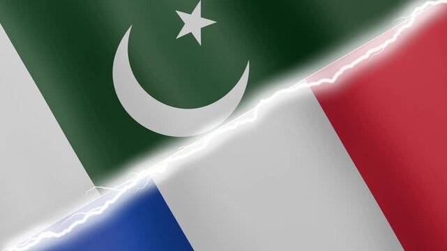 Two waving flags Pakistan and France with diagonal lightning seamless, 4k loop
