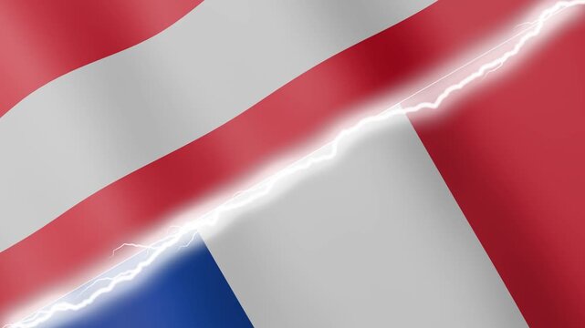 Two waving flags Austria and France with diagonal lightning seamless, 4k loop