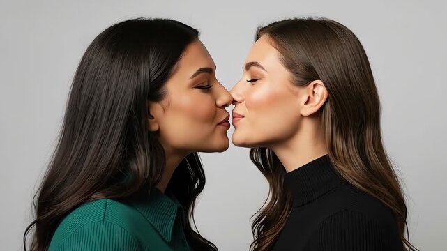 Lesbian couple kissing two women lips touching.