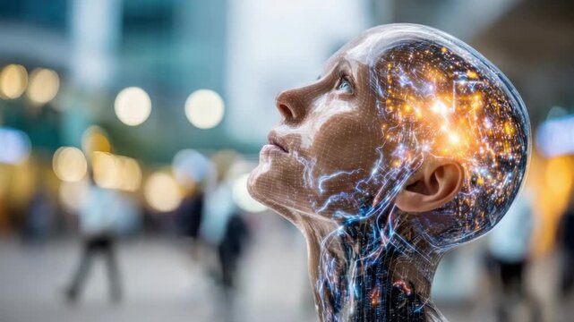 Cybernetic Intellect: A mesmerizing depiction of a humanoid figure with a transparent skull, revealing an illuminated brain.