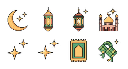Islamic Eid al-Fitr Icons Ramadan Crescent Moon, Lanterns, Mosque, Prayer Mat, and Star Decorations