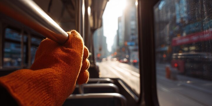 Hand holding onto a pole inside a moving bus with city view.