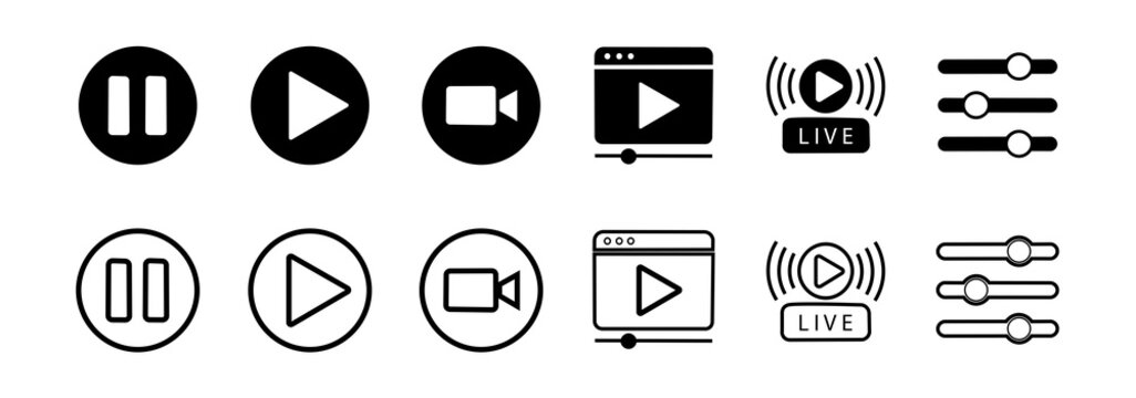 Video player icon set. Contains play or start, pause or stop, media, camera, live broadcast buttons. Illustration.