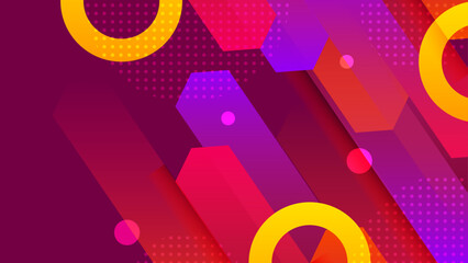 Obraz premium Colorful abstract design with deep purple tones and bright yellow isometric shapes and circular accents for creative projects