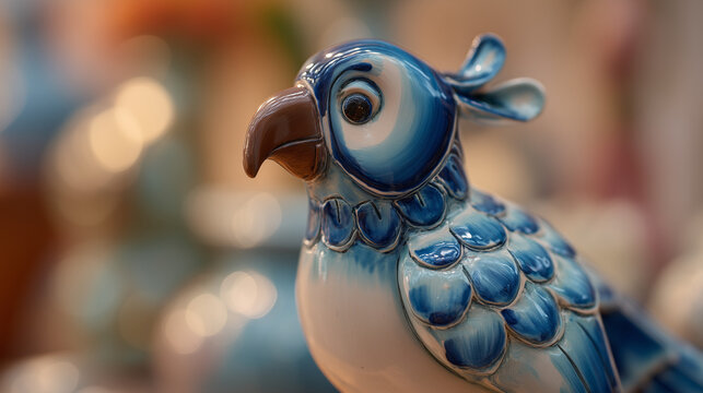 A vibrant blue ceramic bird figurine on display during April festivities in Tampico, Mexico, showcasing intricate designs and colors.