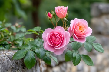 Fototapeta premium Pink roses blooming on a stone garden wall