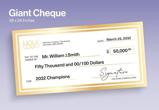 Giant Cheque Template for Charity Donation & Award Prize Presentation Checks, Black Check Cheque Layout