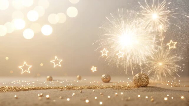 Sparkling Fireworks and Bokeh Lights on Glittery Ground with Golden Orbs