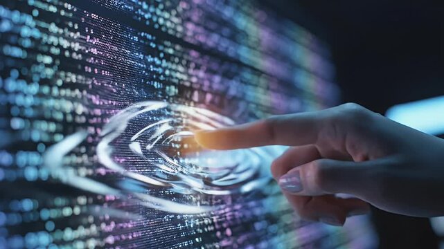Finger touching glowing vortex on digital screen with flowing data