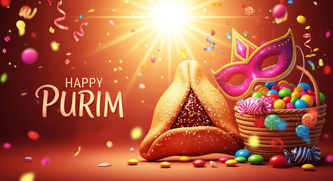 Hamantash cookie, Purim mask, and a basket of candy for Purim celebration. Festive Jewish holiday background for greeting card.