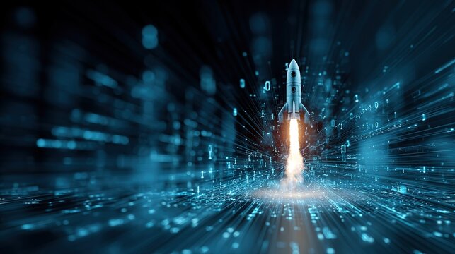 Rocket emerging from digital data stream on blue background, binary code and network connections, symbolizing AI tech launch innovation and progress dynamic concept