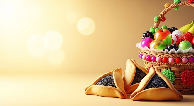 Hamantaschen cookies and fruit basket for Purim celebration. Traditional jewish holiday food concept. Shalach manot delivery.