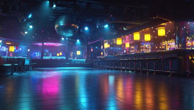Empty Nightclub Dance Floor with Disco Balls and Bar Lights.