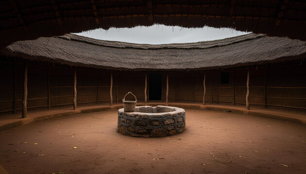 Traditional African Boma Interior Featuring Stone Water Well