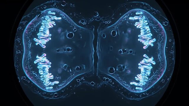 Abstract microscopic cell division process animation in cool blue tones