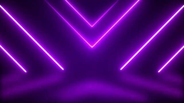 Abstract purple background with neon light lines forming symmetrical V shapes in a deep digital perspective.