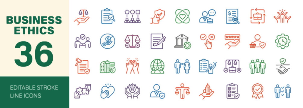 Collection of business ethics icons in various colors representing different concepts and ideas