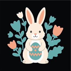 Fototapeta premium Cute Easter Bunny With Painted Egg And Spring Flowers Illustration