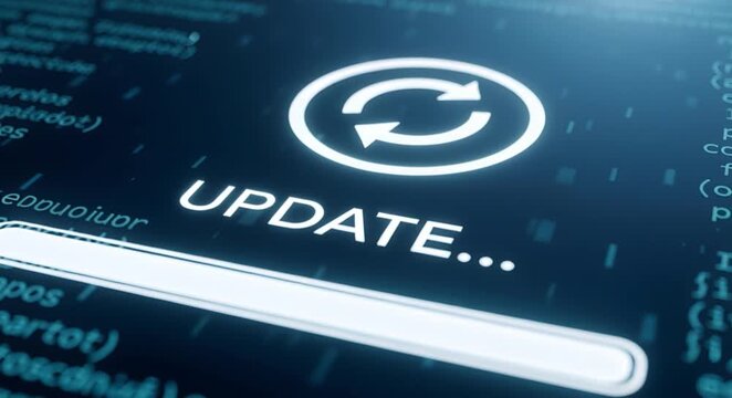 A video showcasing a software update in progress on a computer screen with a loading bar and circular arrows.