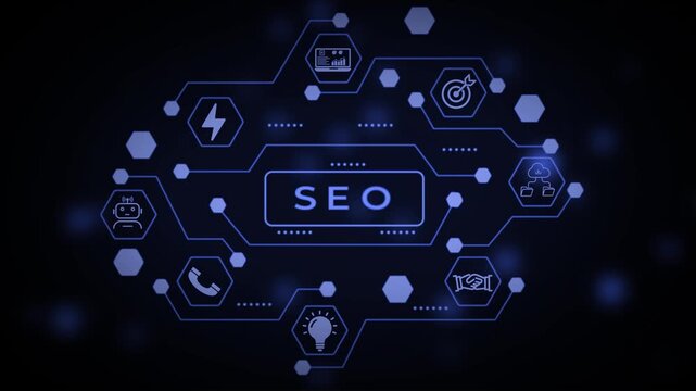 Advanced digital network schematic with luminous blue hexagonal nodes and intricate connecting lines set against a deep dark background with blurred bokeh circles signifying data streams and