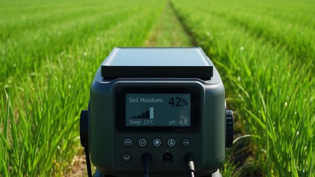 Close-up Video Clip of a Smart Soil Sensor in a Lush Green Field, Displaying Real-time Moisture, Temperature, and pH Data, Powered by Solar Energy. High-Resolution Footage for Agriculture Technology 