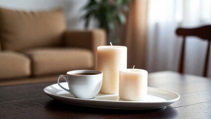Obraz premium White plate with candles and a cup of coffee on a table. The candles are lit and the coffee is hot. The scene is cozy and inviting, perfect for a relaxing evening at home